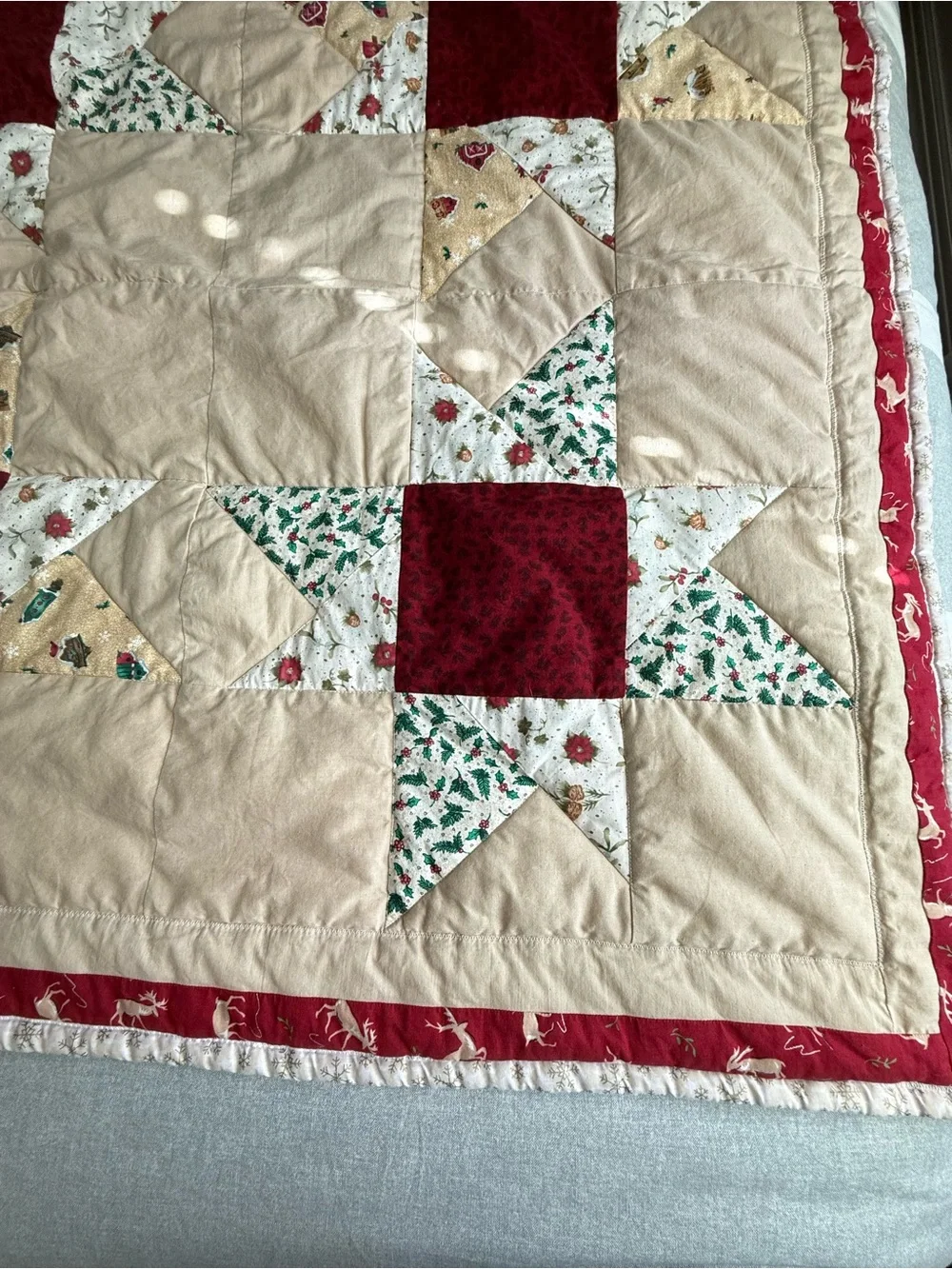 Handmade Holiday Star Quilt Table Runner - Red and Cream